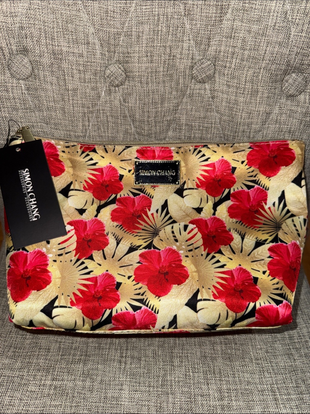 NWT Simon Chang Gold and Red Floral Cosmetic Pouch